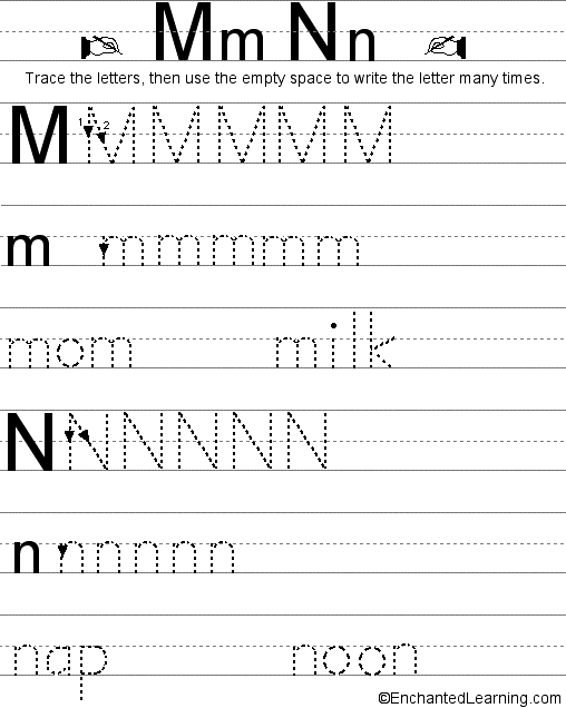 Writing letters, M-N (Traditional Style): EnchantedLearning.com