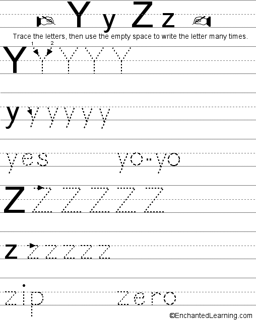 Writing letters, Y-Z (Traditional Style): EnchantedLearning.com