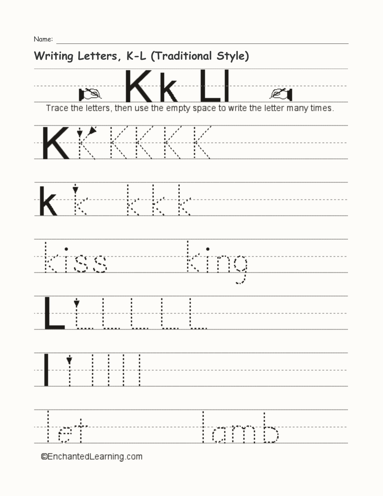 Writing Letters, K-L (Traditional Style) - Enchanted Learning