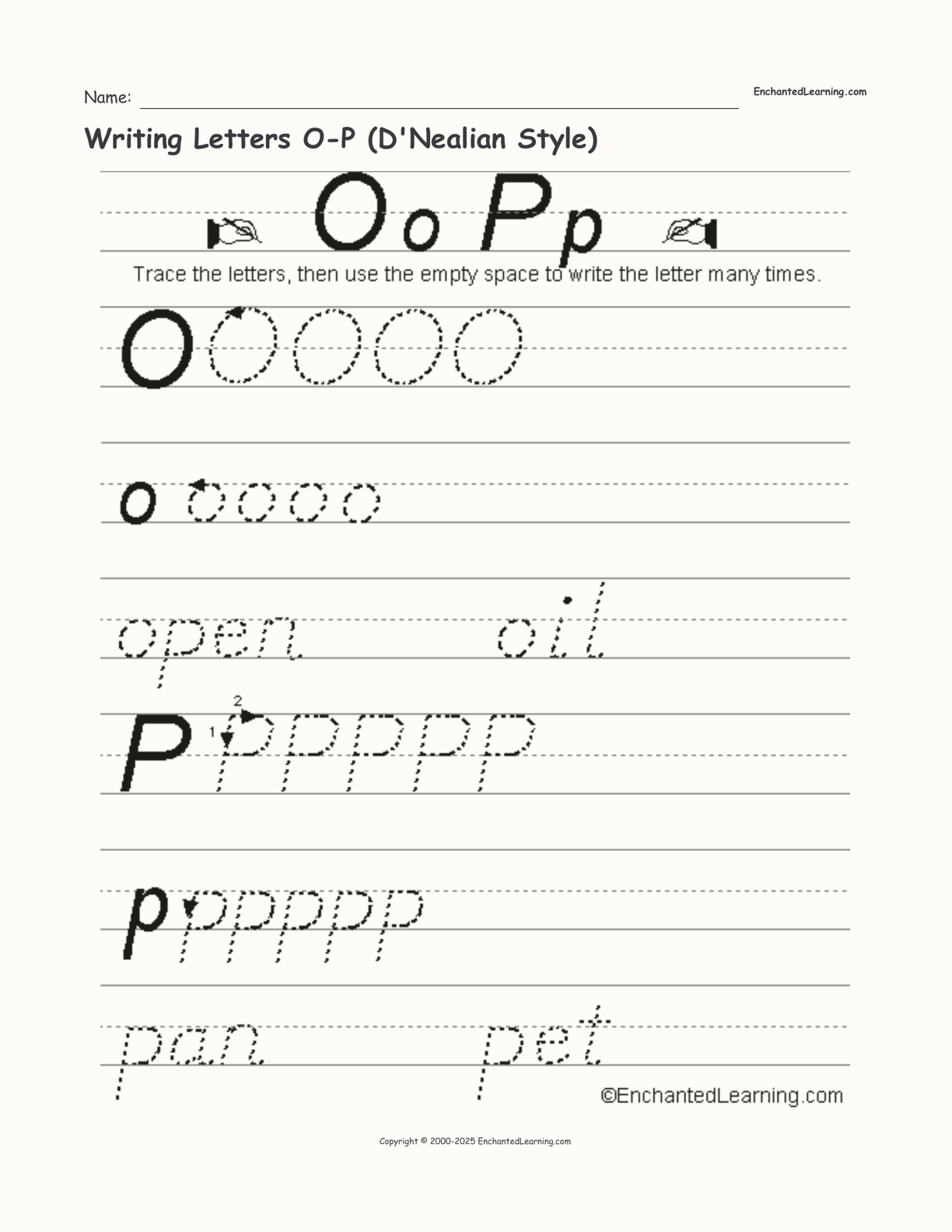 Writing Letters O-P (D'Nealian Style) interactive worksheet page 1