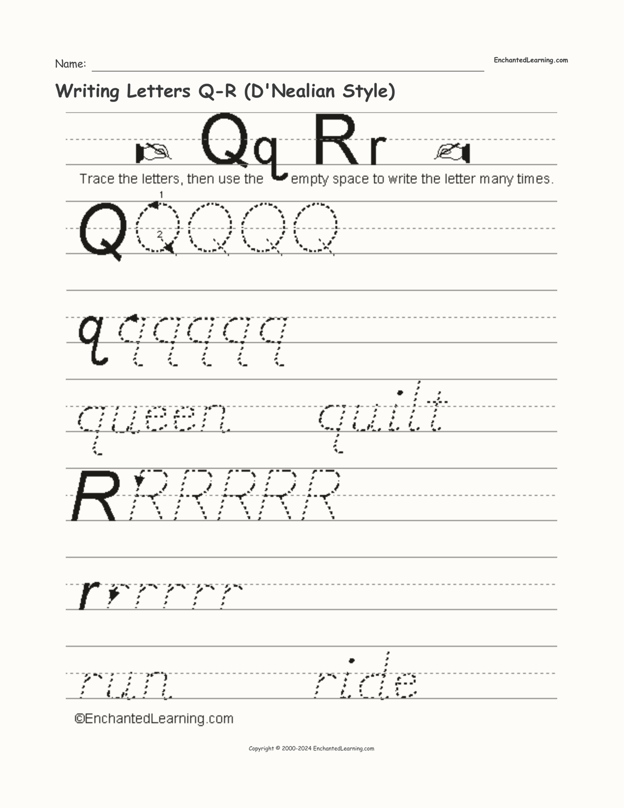 Writing Letters Q-R (D'Nealian Style) interactive worksheet page 1