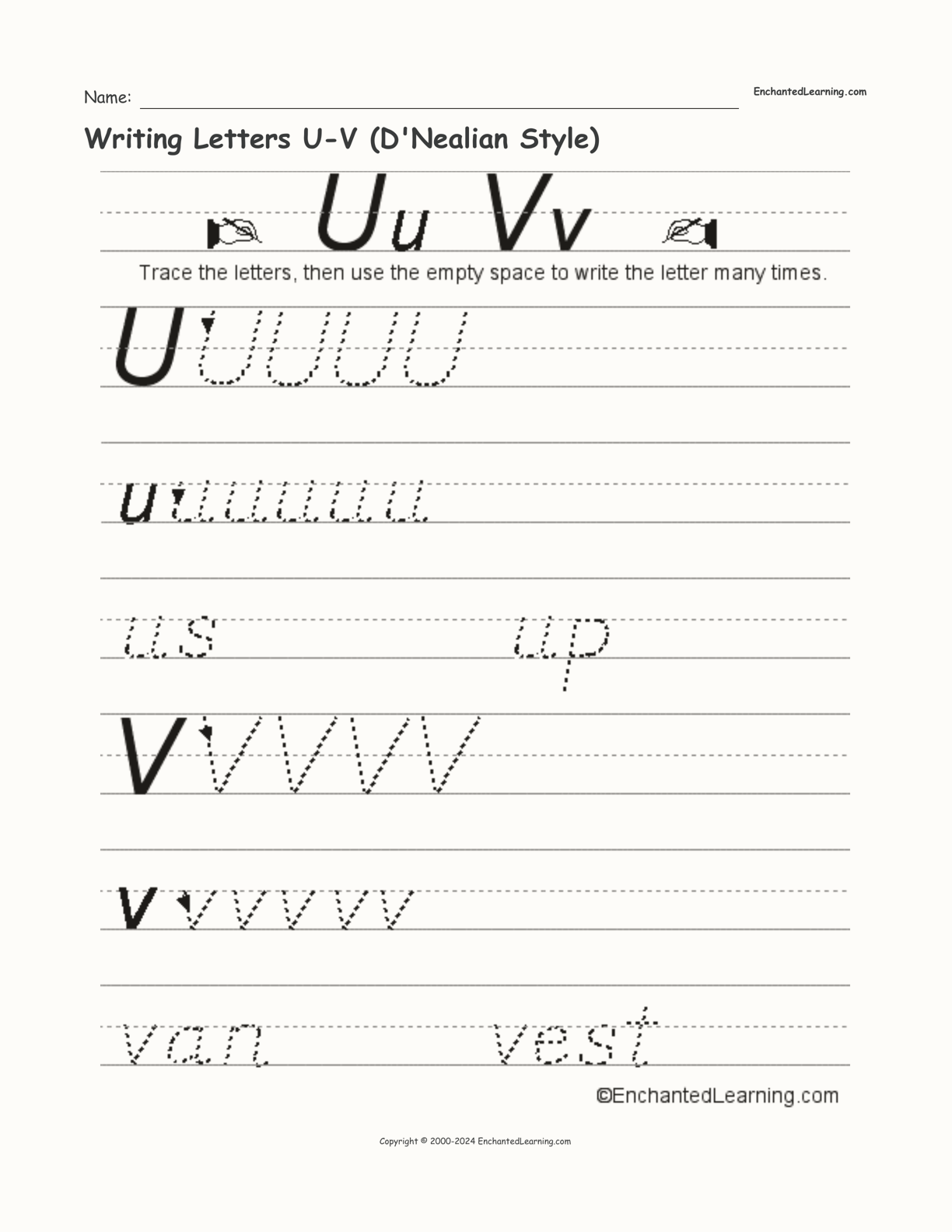 Writing Letters U-V (D'Nealian Style) interactive worksheet page 1