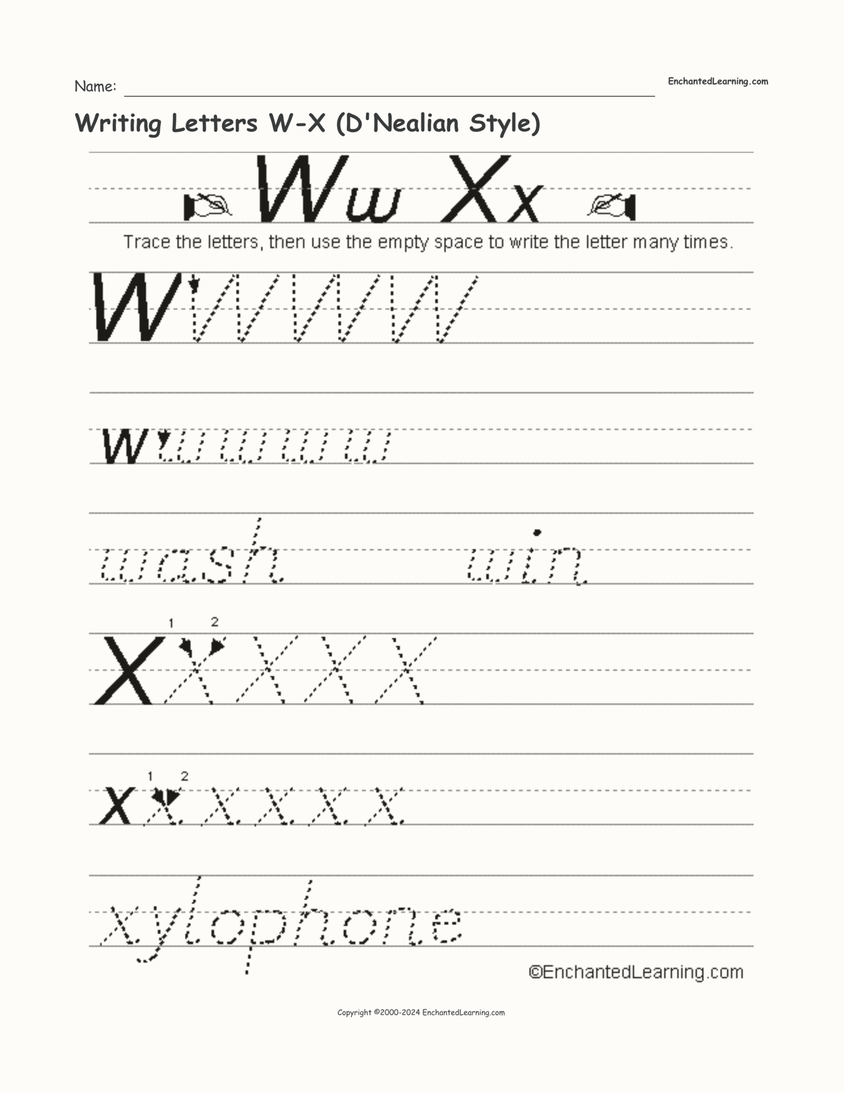 Writing Letters W-X (D'Nealian Style) interactive worksheet page 1