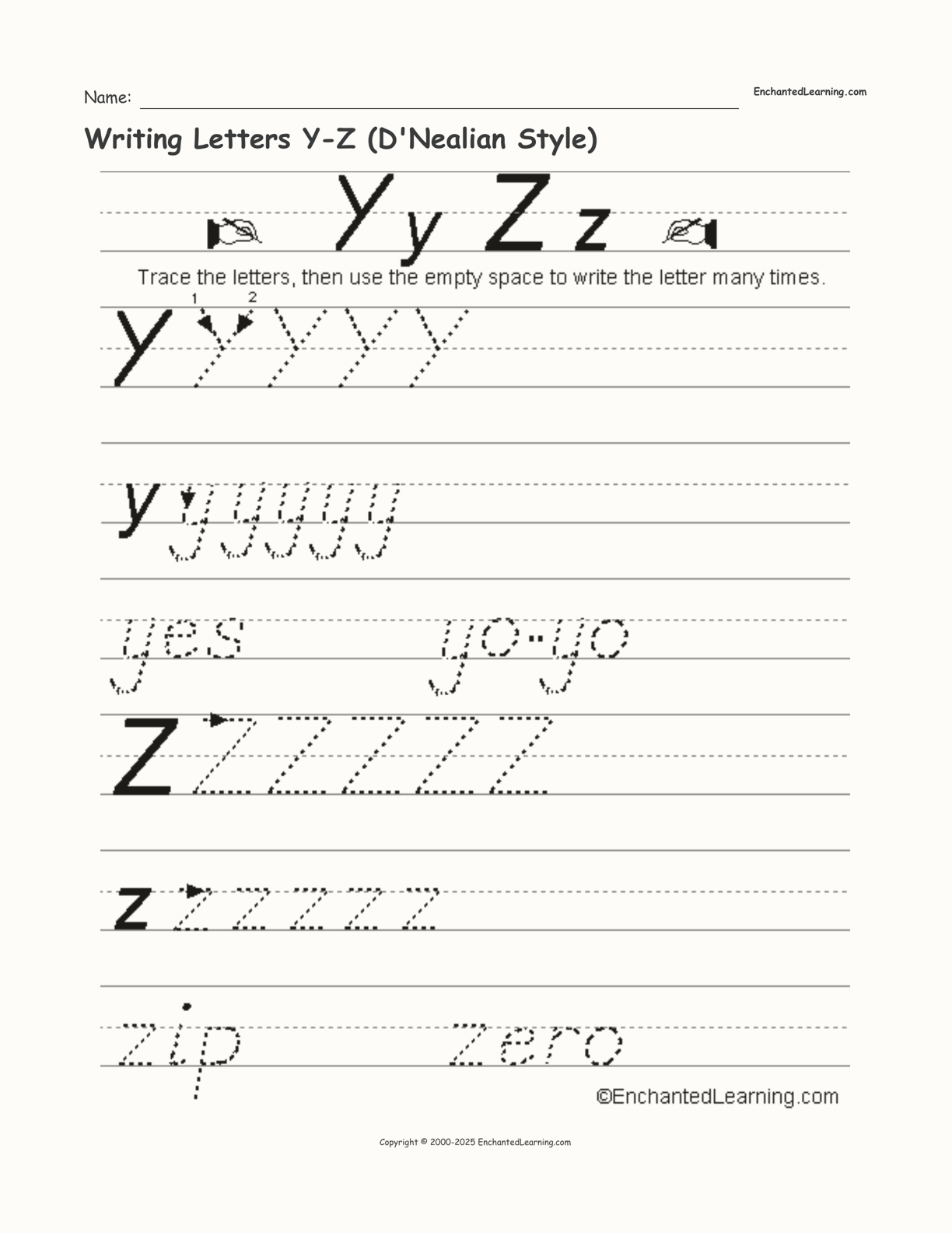 Writing Letters Y-Z (D'Nealian Style) interactive worksheet page 1