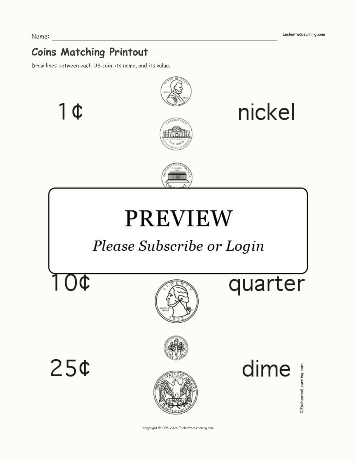 Coins Matching Printout interactive worksheet page 1