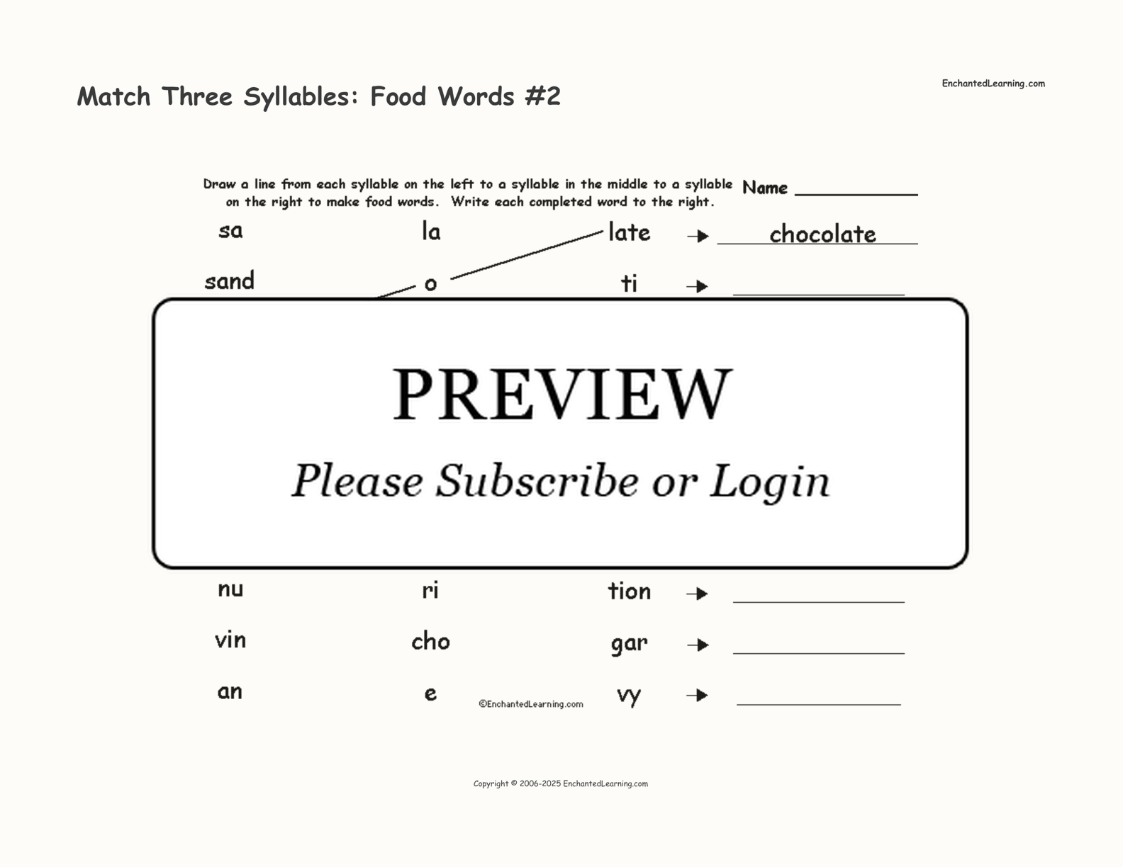 Match Three Syllables: Food Words #2 interactive worksheet page 1