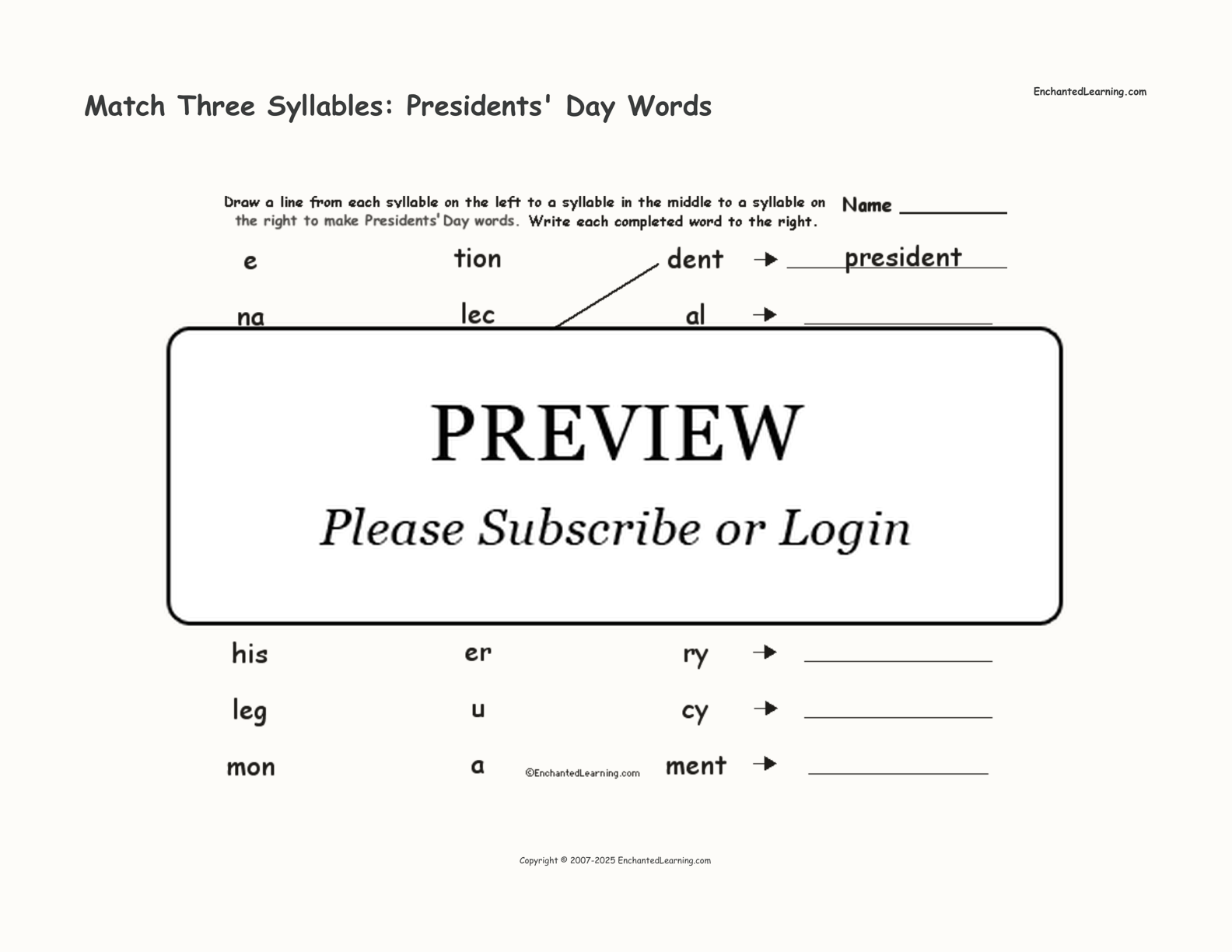 Match Three Syllables: Presidents' Day Words interactive worksheet page 1