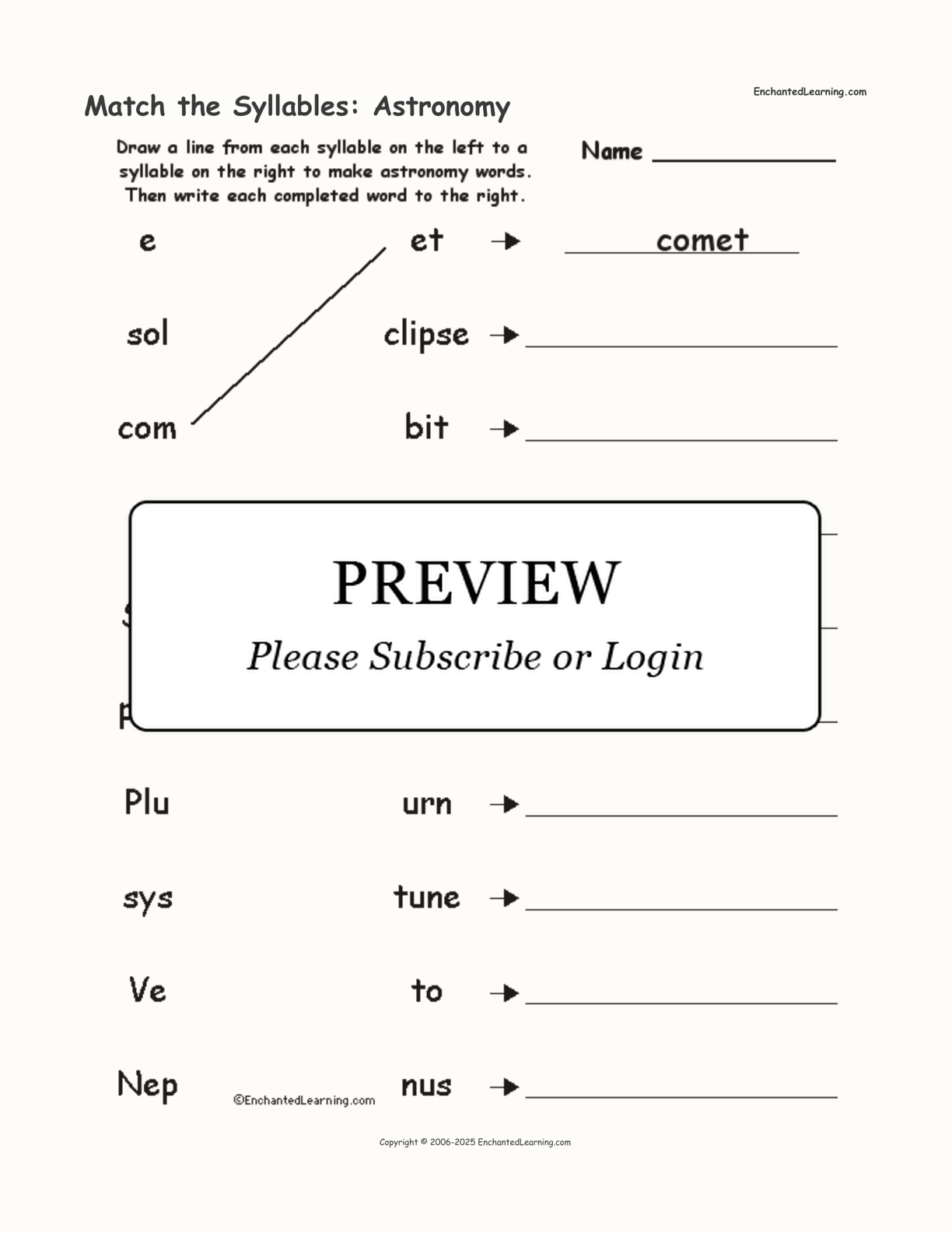 Match the Syllables: Astronomy interactive worksheet page 1