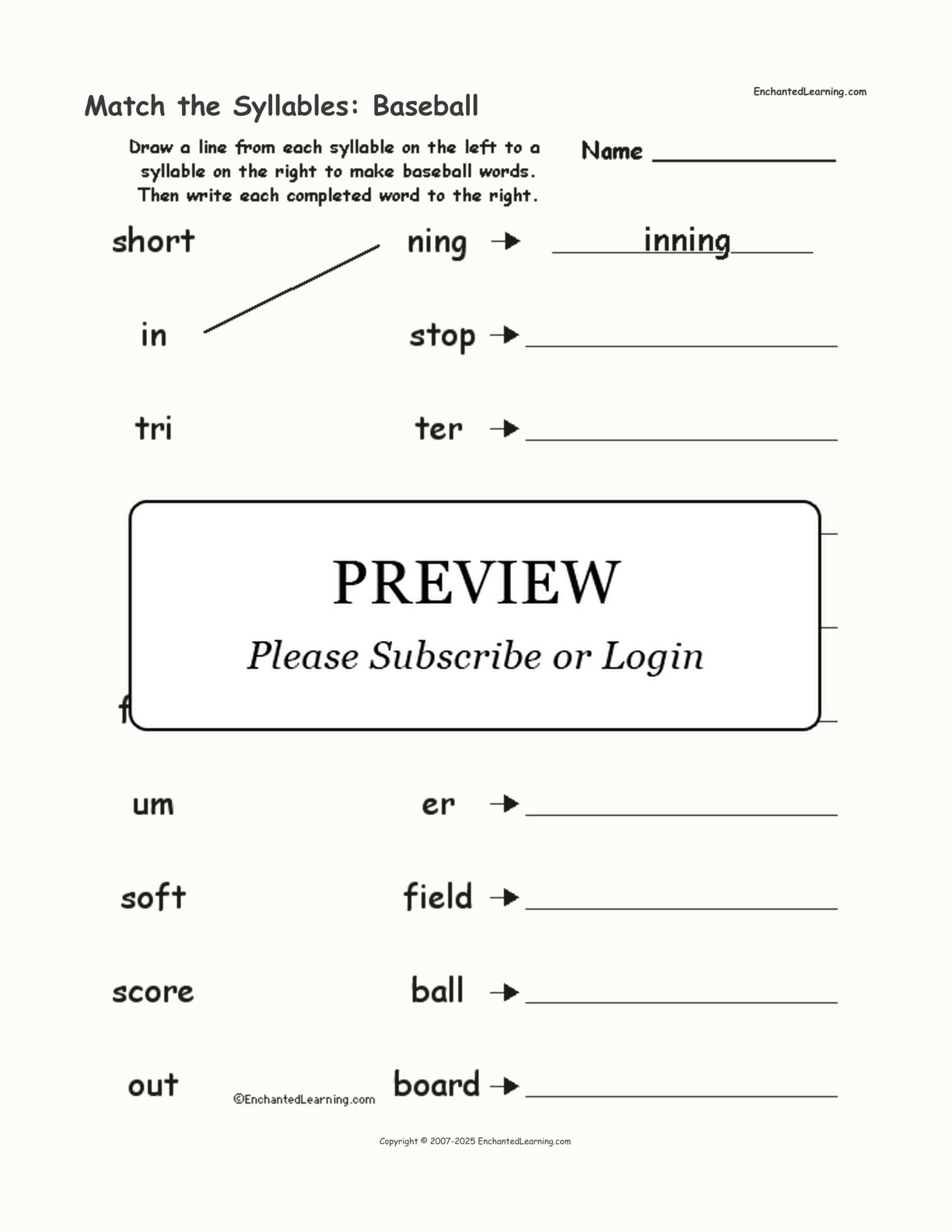 Match the Syllables: Baseball interactive worksheet page 1