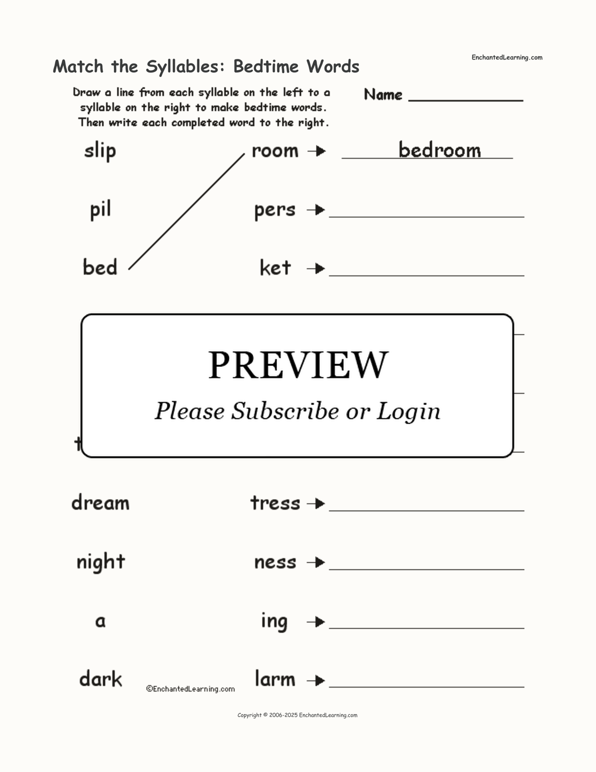 Match the Syllables: Bedtime Words interactive worksheet page 1