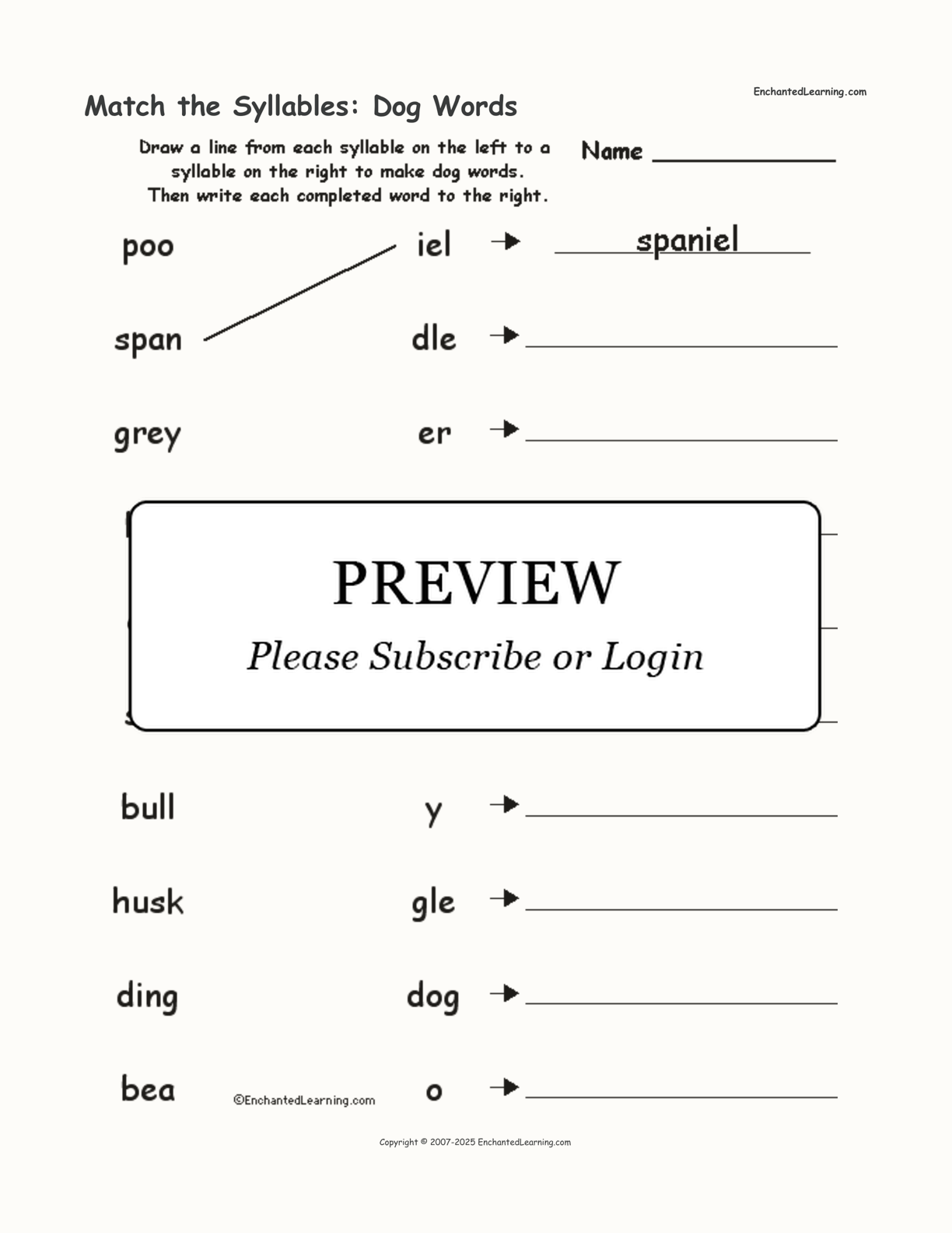 Match the Syllables: Dog Words interactive worksheet page 1