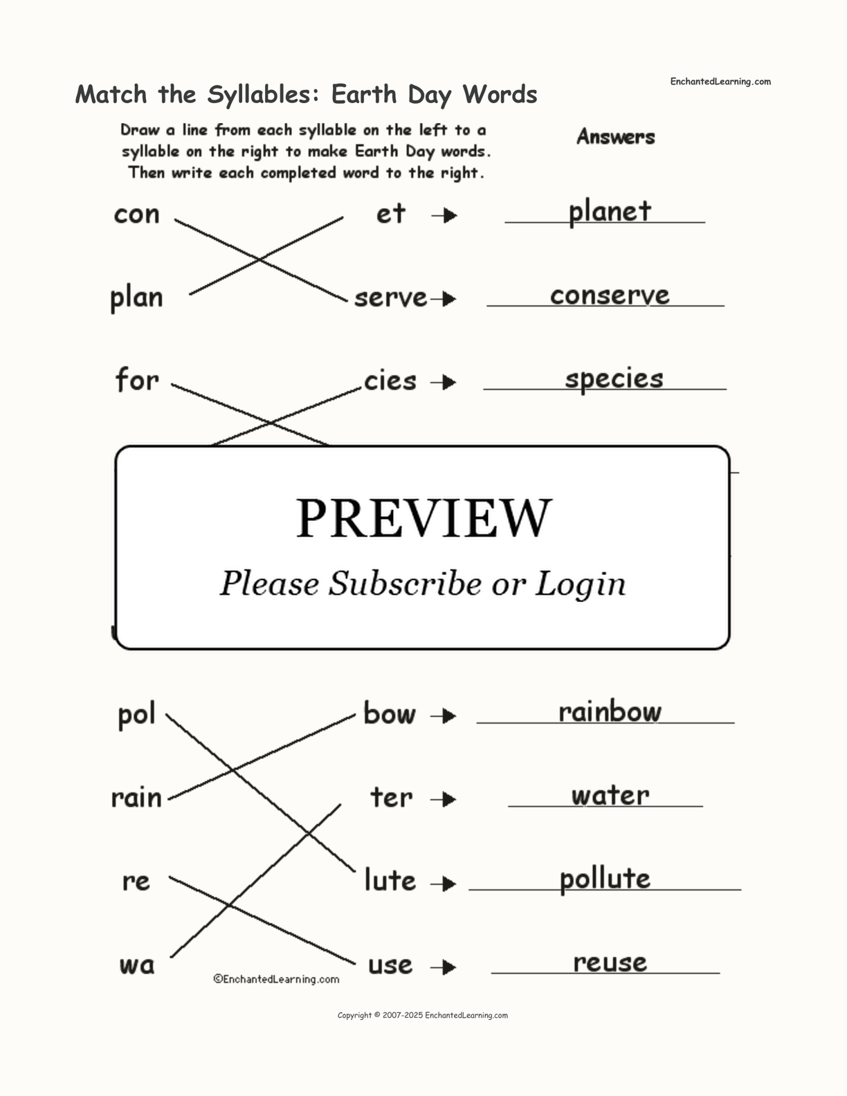 match the syllables earth day words enchanted learning