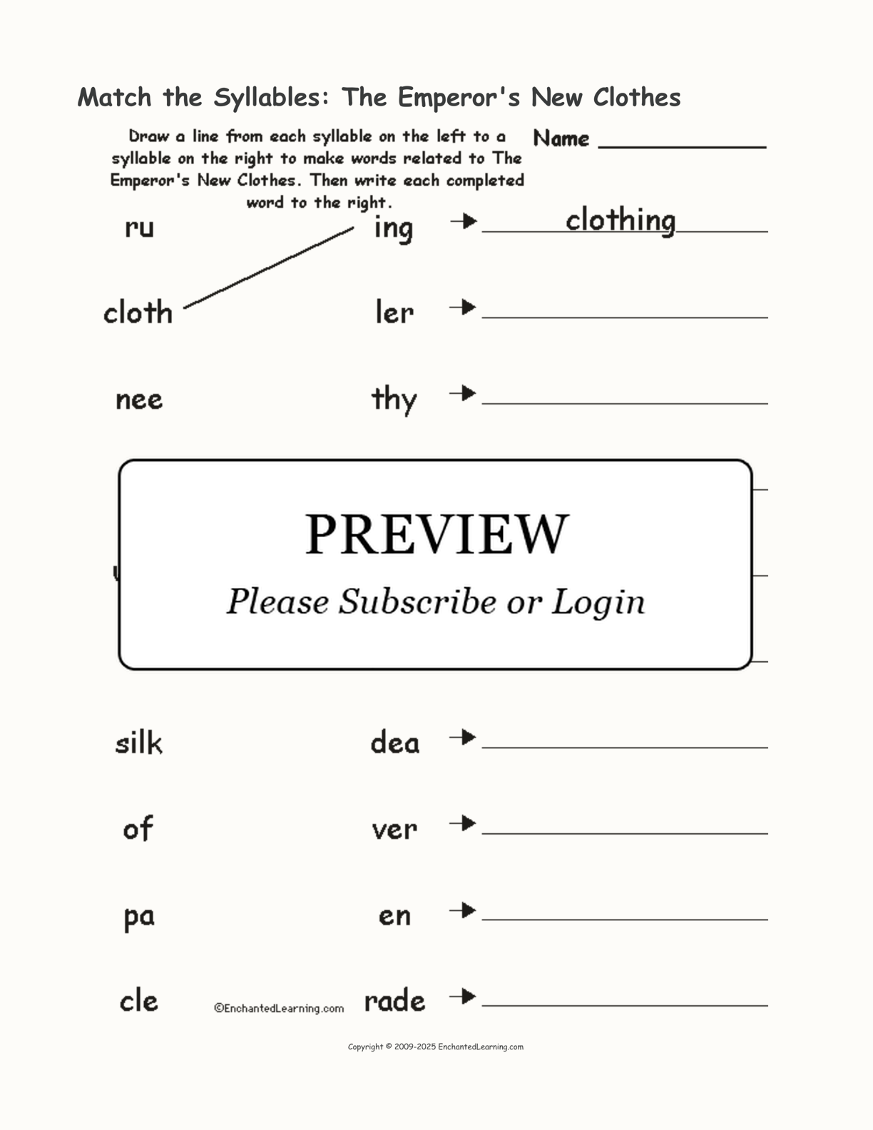 Match the Syllables: The Emperor's New Clothes interactive worksheet page 1