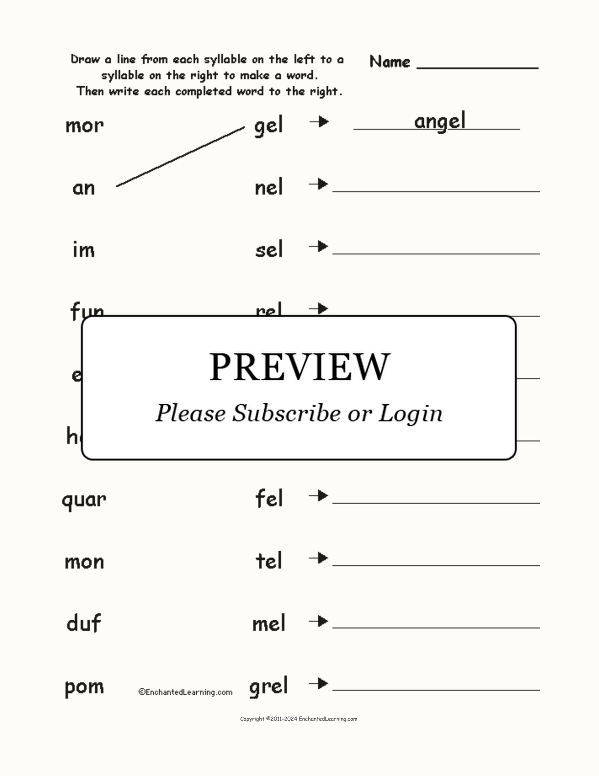 Match the Syllables: Words Ending in EL interactive worksheet page 1