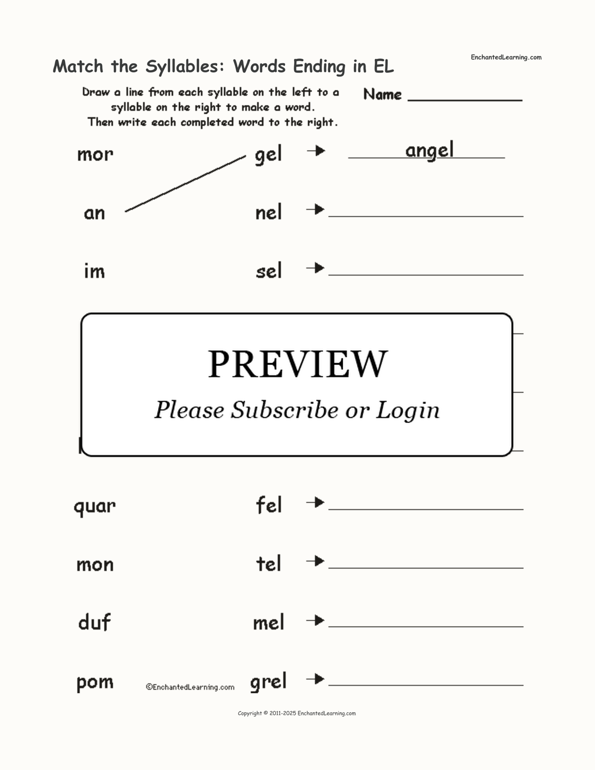 Match the Syllables: Words Ending in EL interactive worksheet page 1