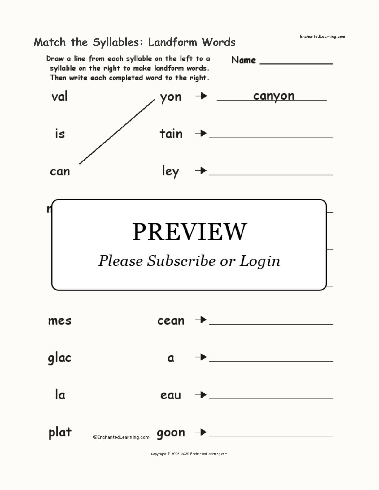 Match the Syllables: Landform Words interactive worksheet page 1