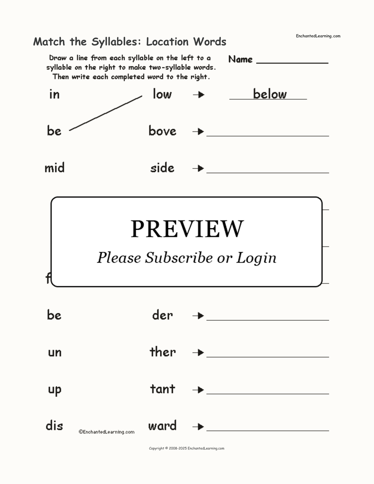 Match the Syllables: Location Words interactive worksheet page 1