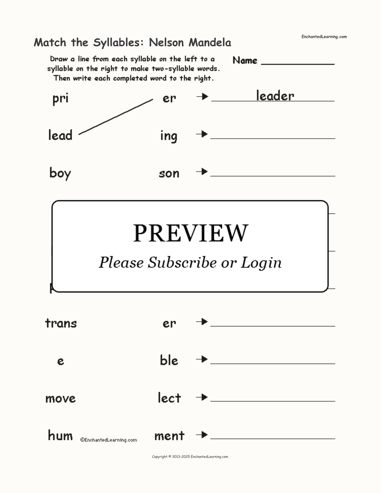 Match the Syllables: Nelson Mandela interactive worksheet page 1