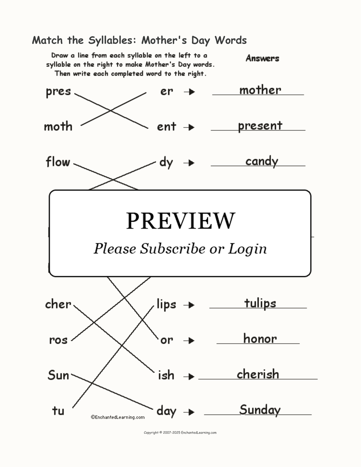 match the syllables mothers day words enchanted learning