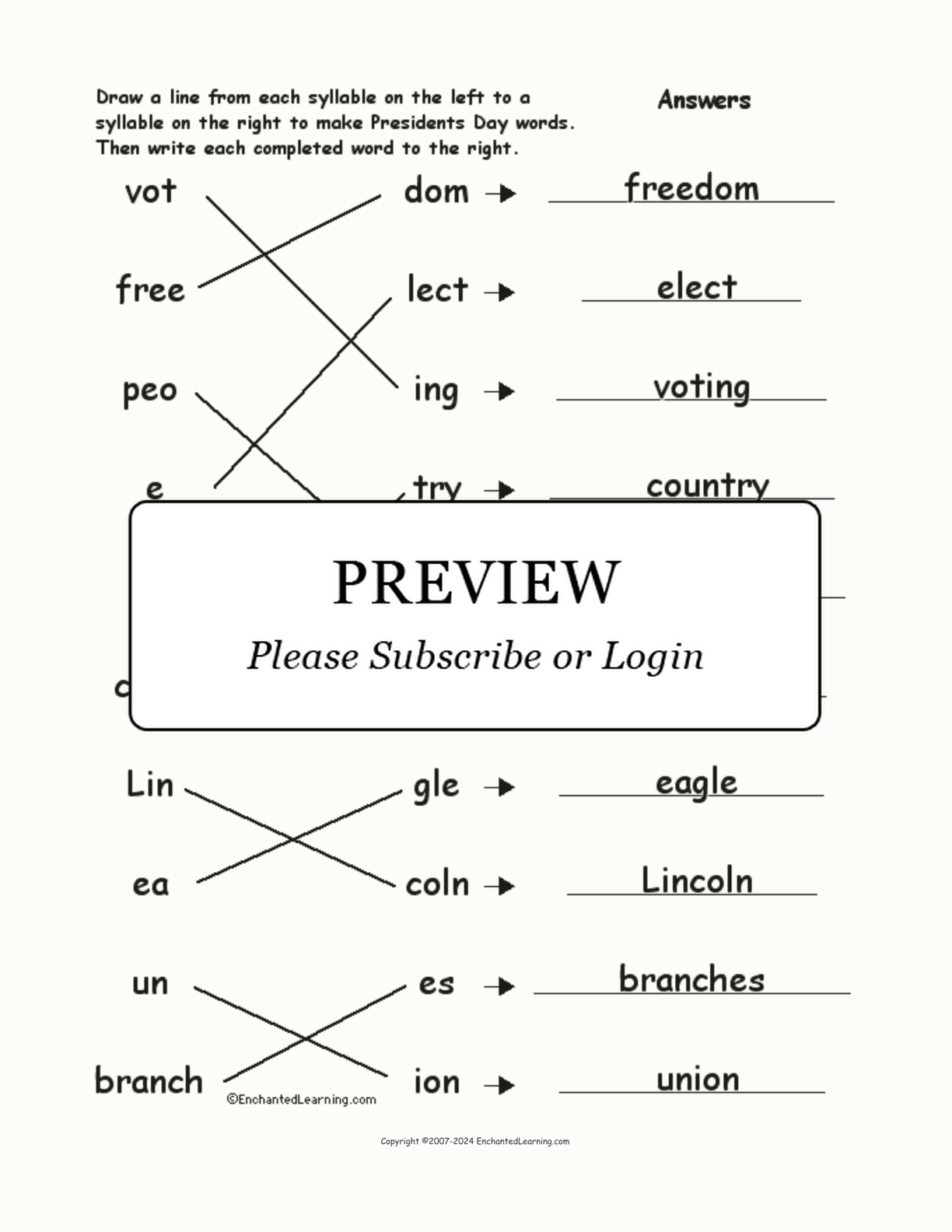 Match the Syllables: Presidents' Day Words interactive worksheet page 2