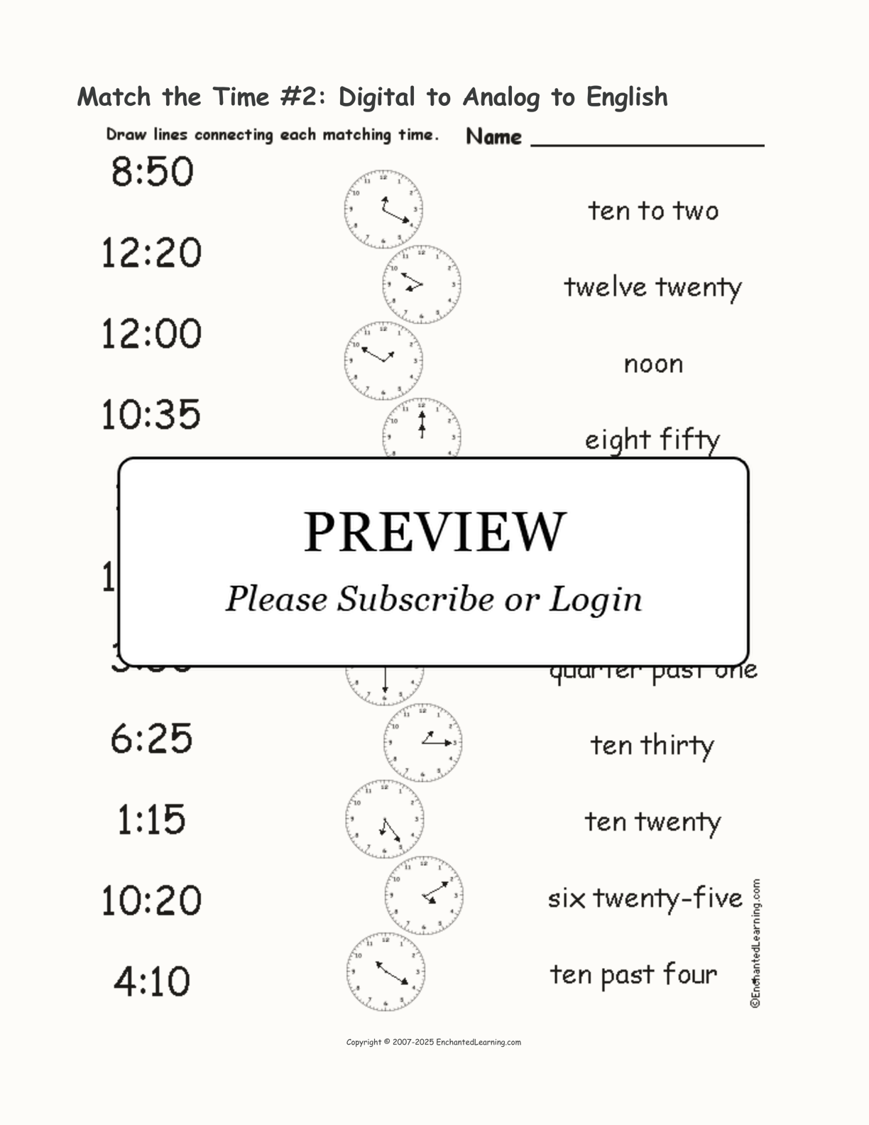 Match the Time #2: Digital to Analog to English interactive worksheet page 1