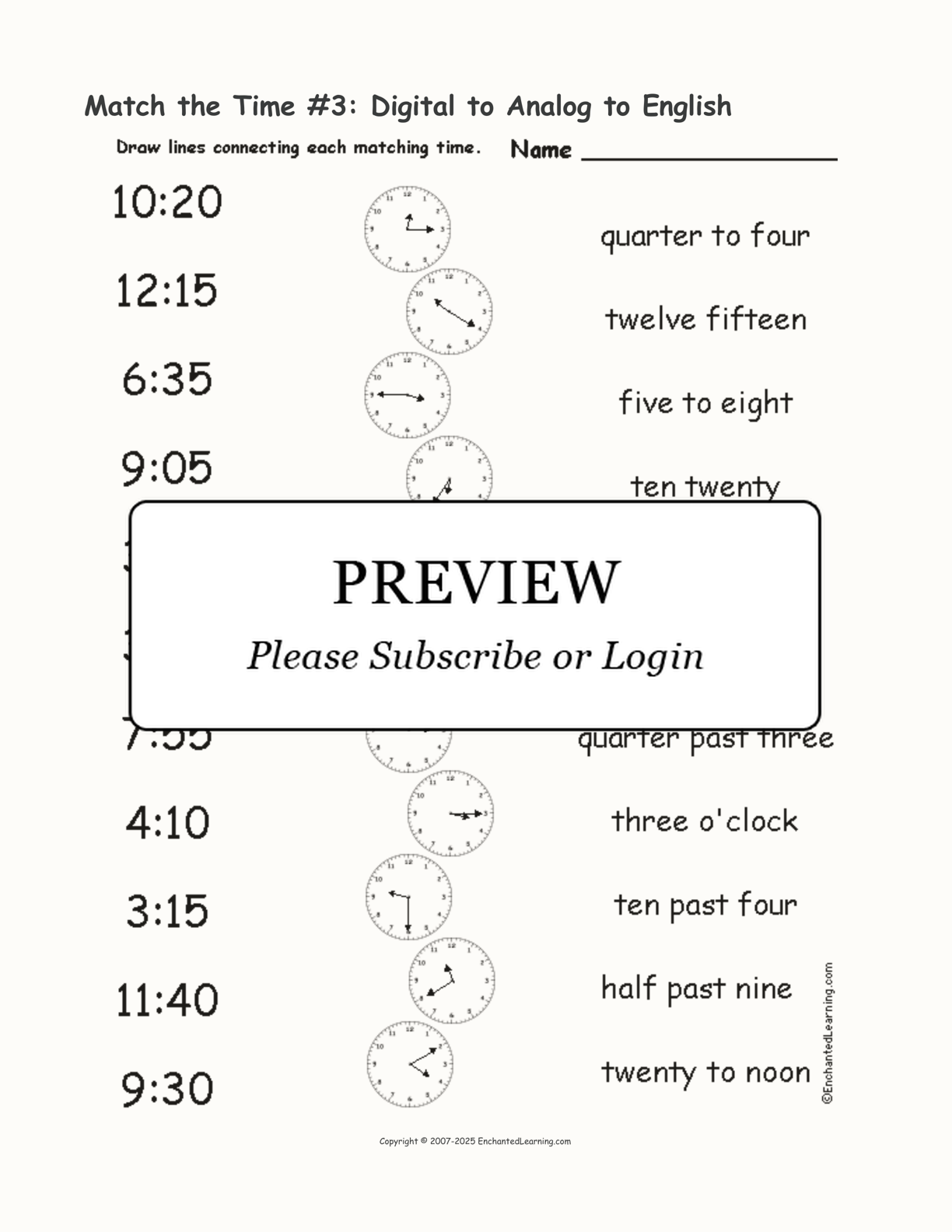 Match the Time #3: Digital to Analog to English interactive worksheet page 1