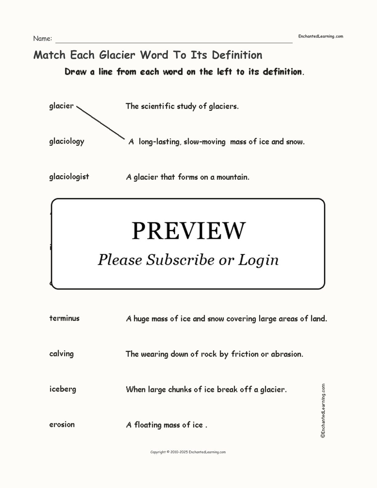 Match Each Glacier Word To Its Definition interactive worksheet page 1