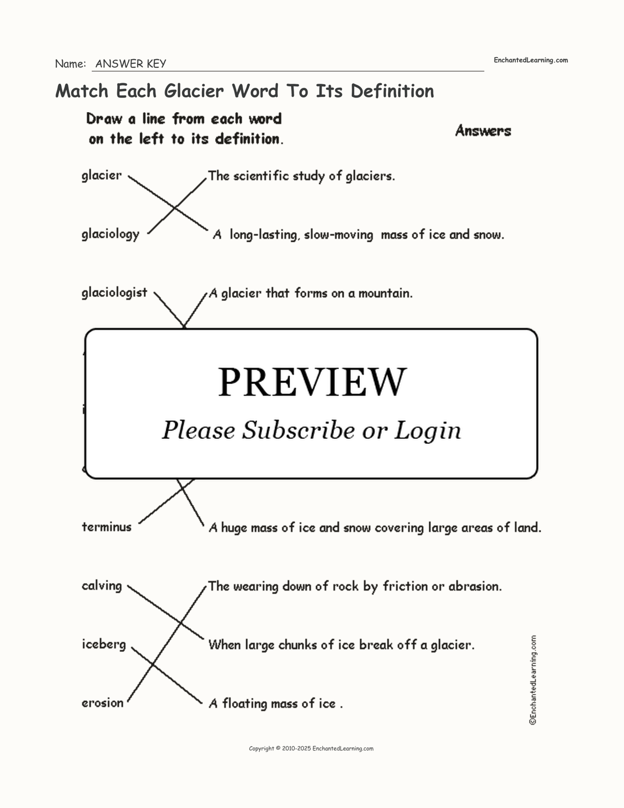 Match Each Glacier Word To Its Definition interactive worksheet page 2