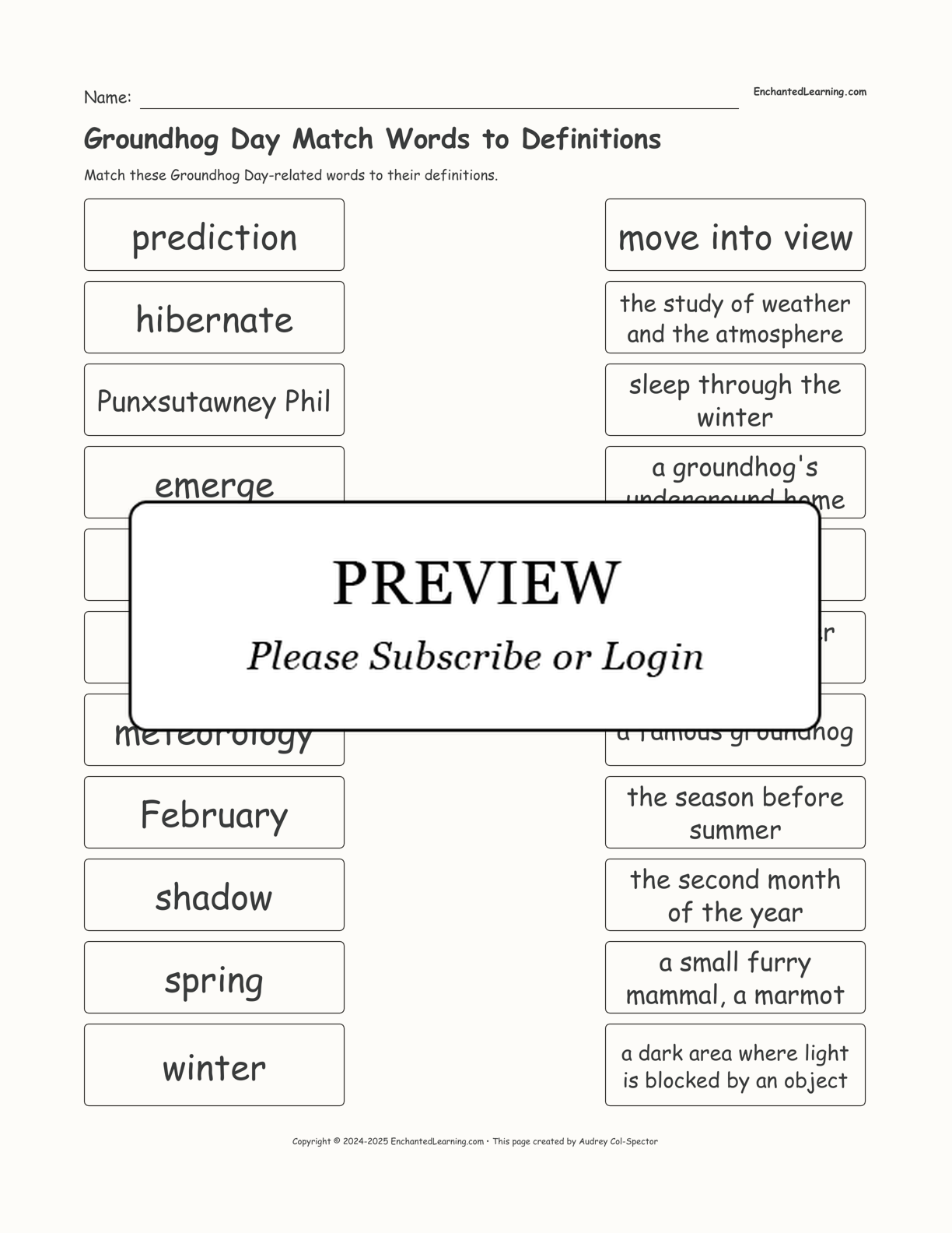 Groundhog Day Match Words to Definitions interactive worksheet page 1