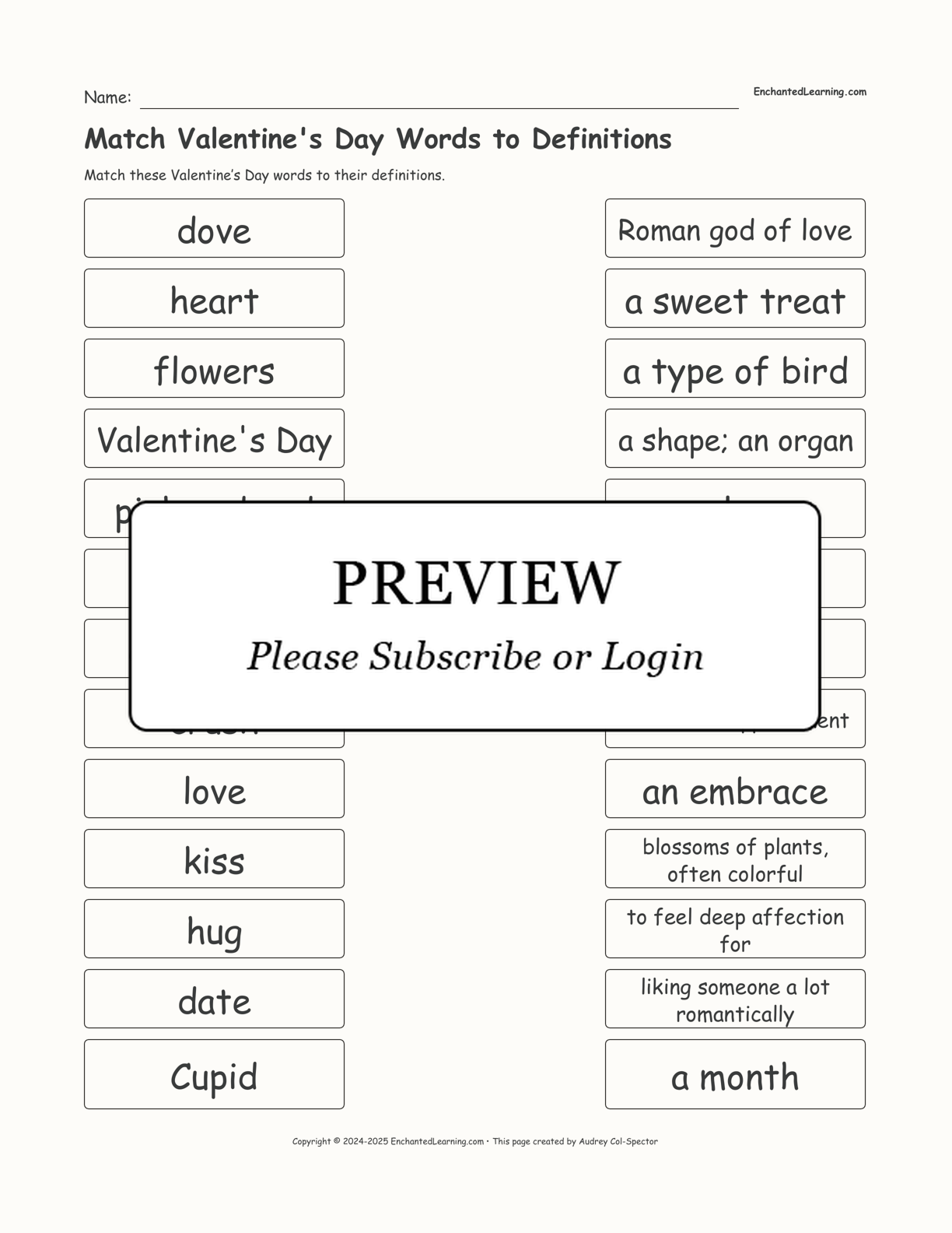 Match Valentine's Day Words to Definitions interactive worksheet page 1