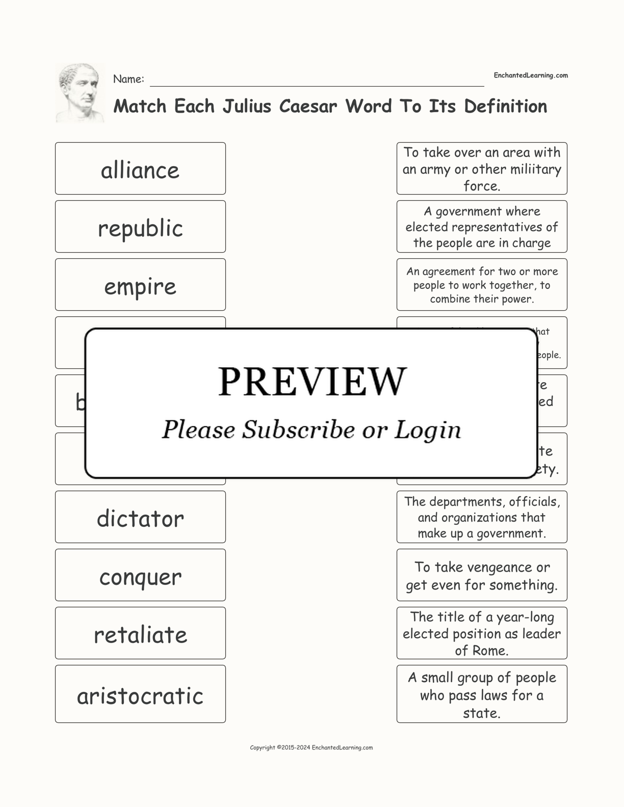 Match Each Julius Caesar-Related Word to its Definition interactive worksheet page 1