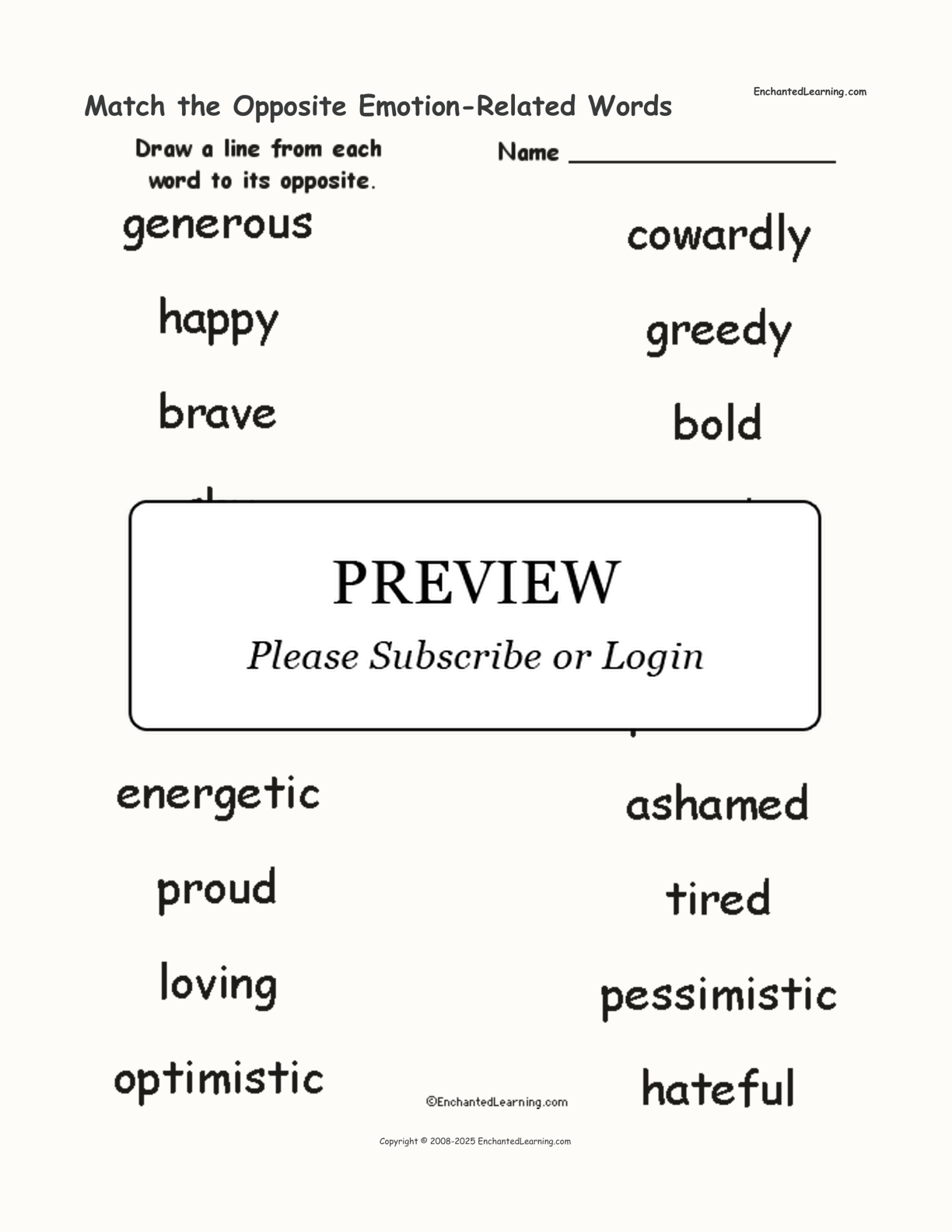 Match the Opposite Emotion-Related Words interactive worksheet page 1