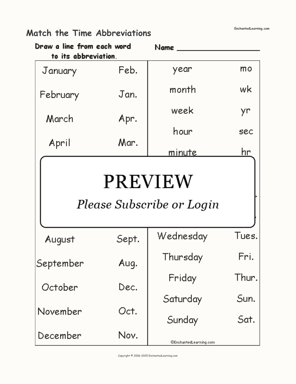 Match the Time Abbreviations interactive worksheet page 1