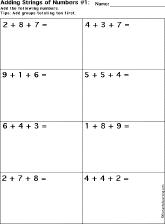 Addition Printout: Add Strings of Three Numbers Worksheet Printout #1