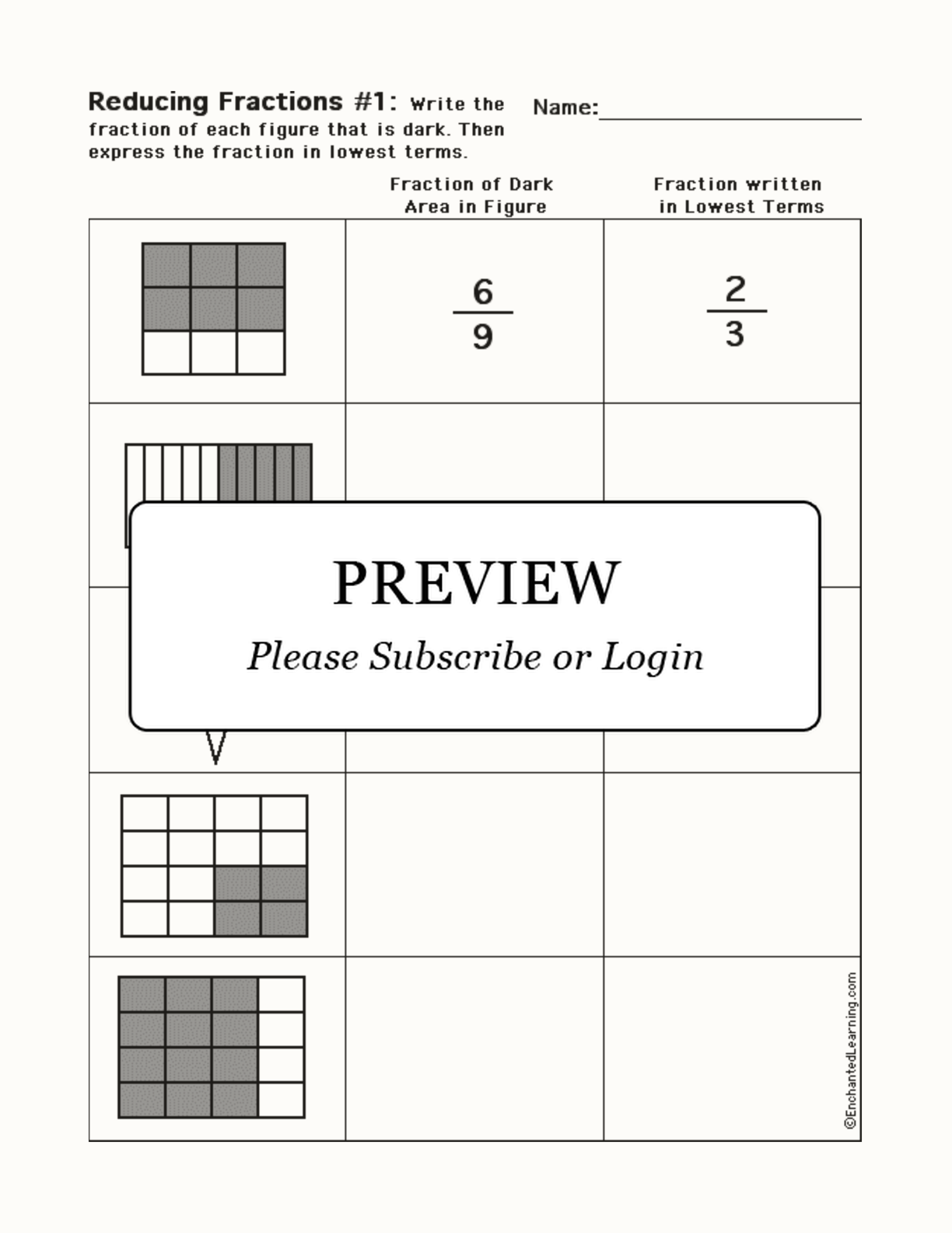 Writing Fractions and Reducing to Lowest Terms Worksheet Printout #1 interactive worksheet page 1