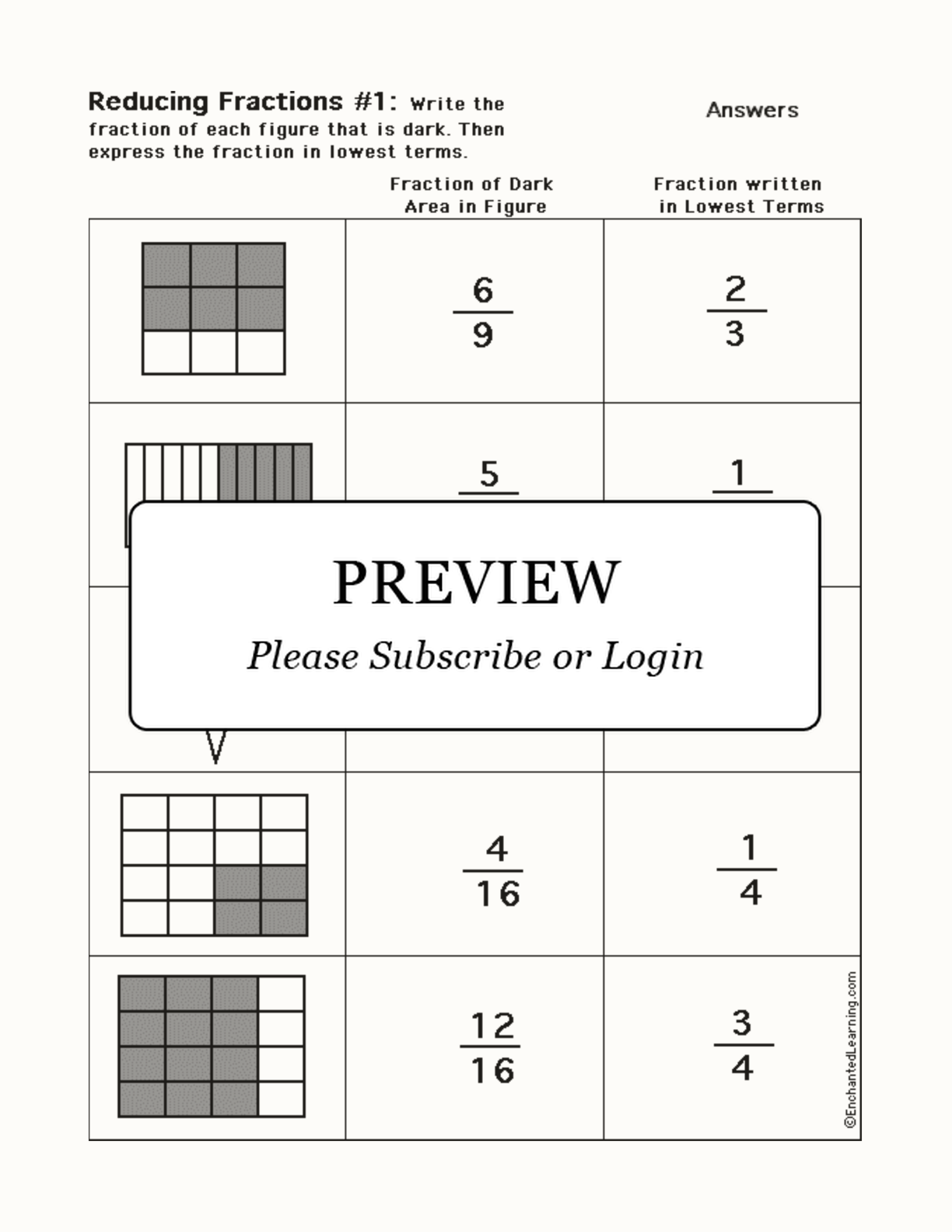 Writing Fractions and Reducing to Lowest Terms Worksheet Printout #1 interactive worksheet page 2