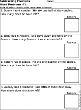 subtracting fractions word problems worksheet printout 1 enchantedlearning com