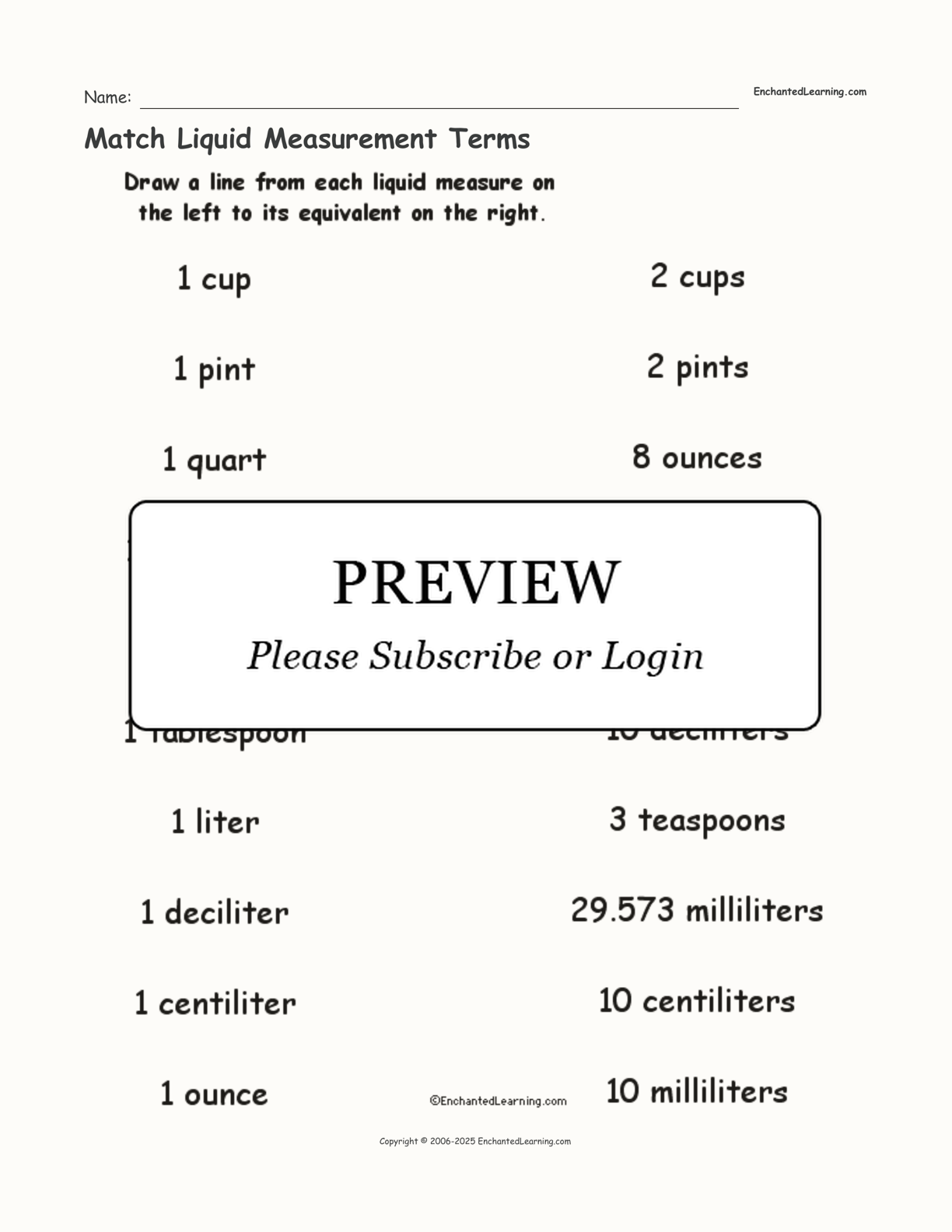 Match Liquid Measurement Terms interactive worksheet page 1