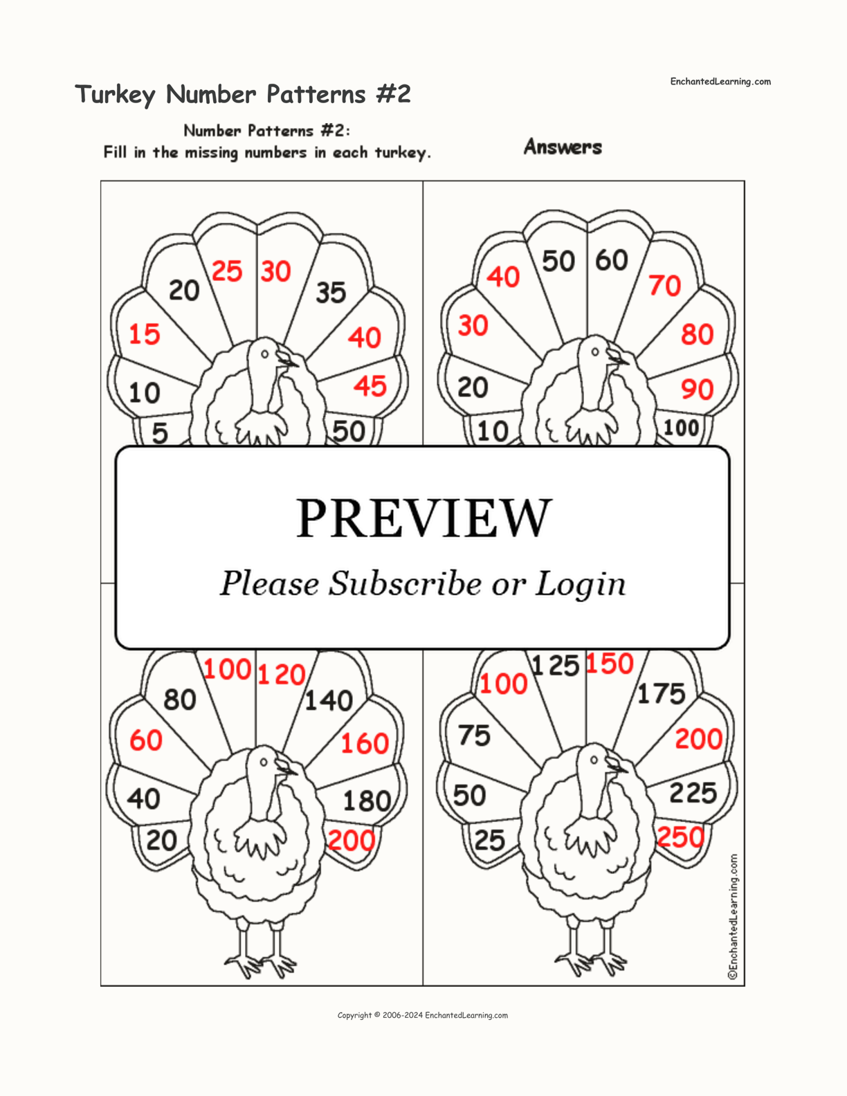 Turkey Number Patterns 2 Enchanted Learning