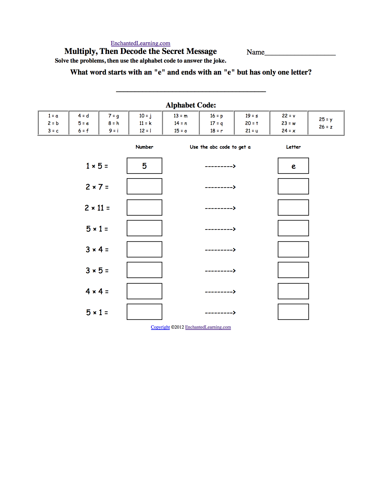 Solve Then Decode Multiplication Worksheets EnchantedLearning