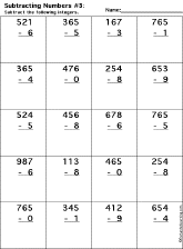 Subtraction Printout: 3 Digits - 1 Digit worksheet thumbnail