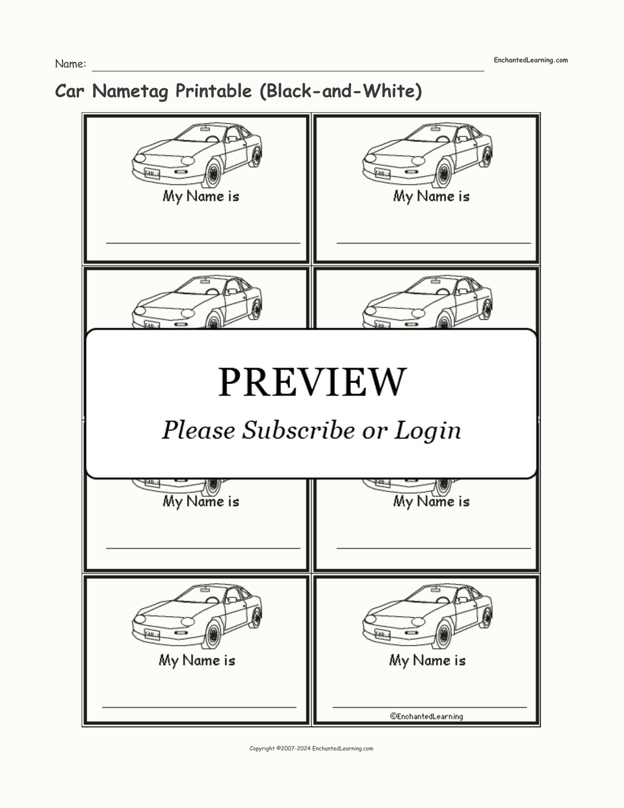 Car Nametag Printable (Black-and-White) interactive printout page 1