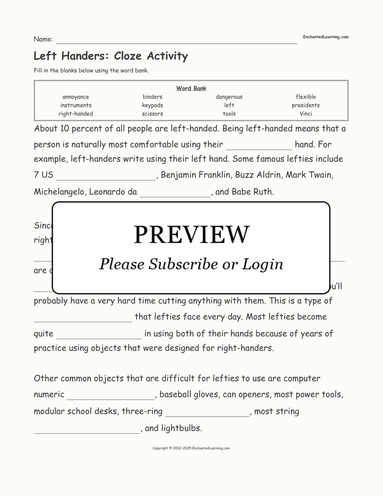 Left Handers: Cloze Activity interactive worksheet page 1