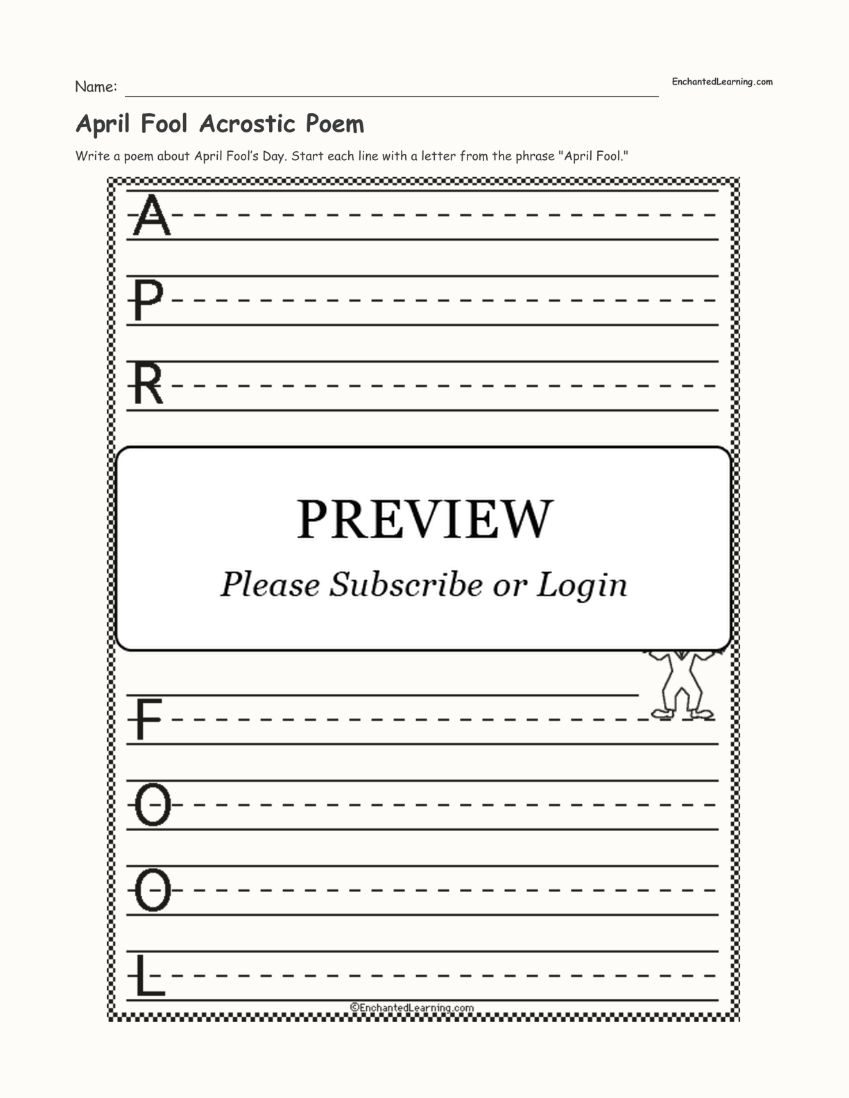 April Fool Acrostic Poem interactive printout page 1