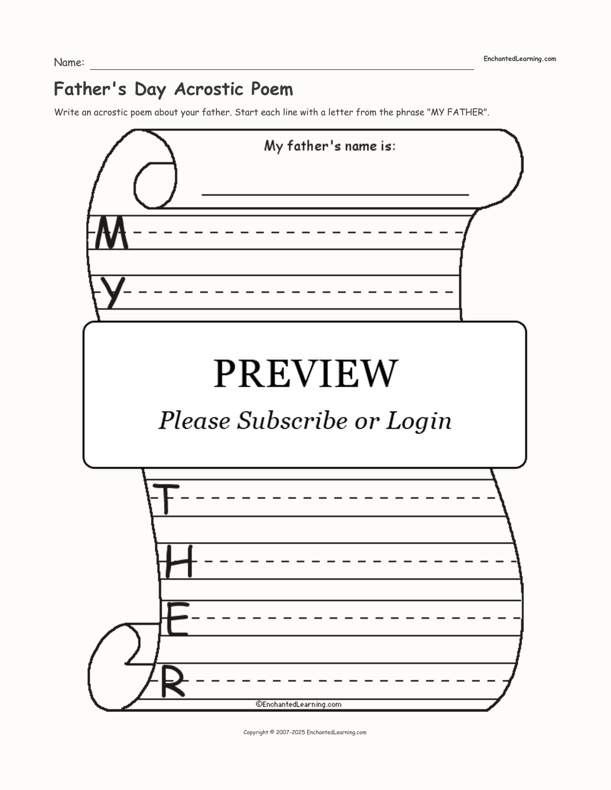 Father's Day Acrostic Poem interactive printout page 1