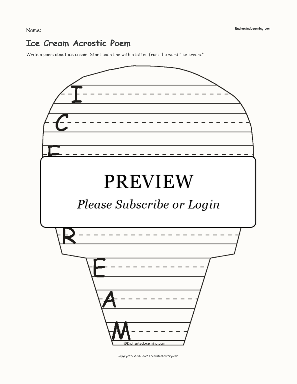 Ice Cream Acrostic Poem interactive worksheet page 1