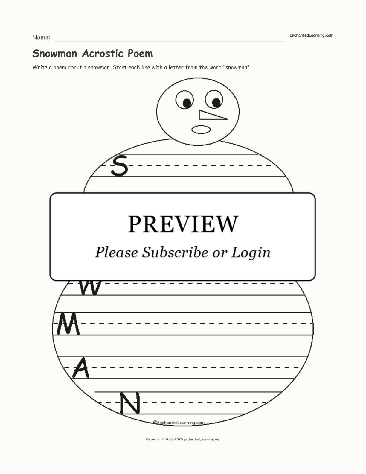 Snowman Acrostic Poem interactive worksheet page 1