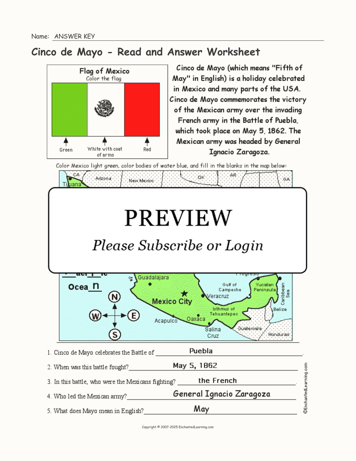 Cinco de Mayo - Read and Answer Worksheet - Enchanted Learning