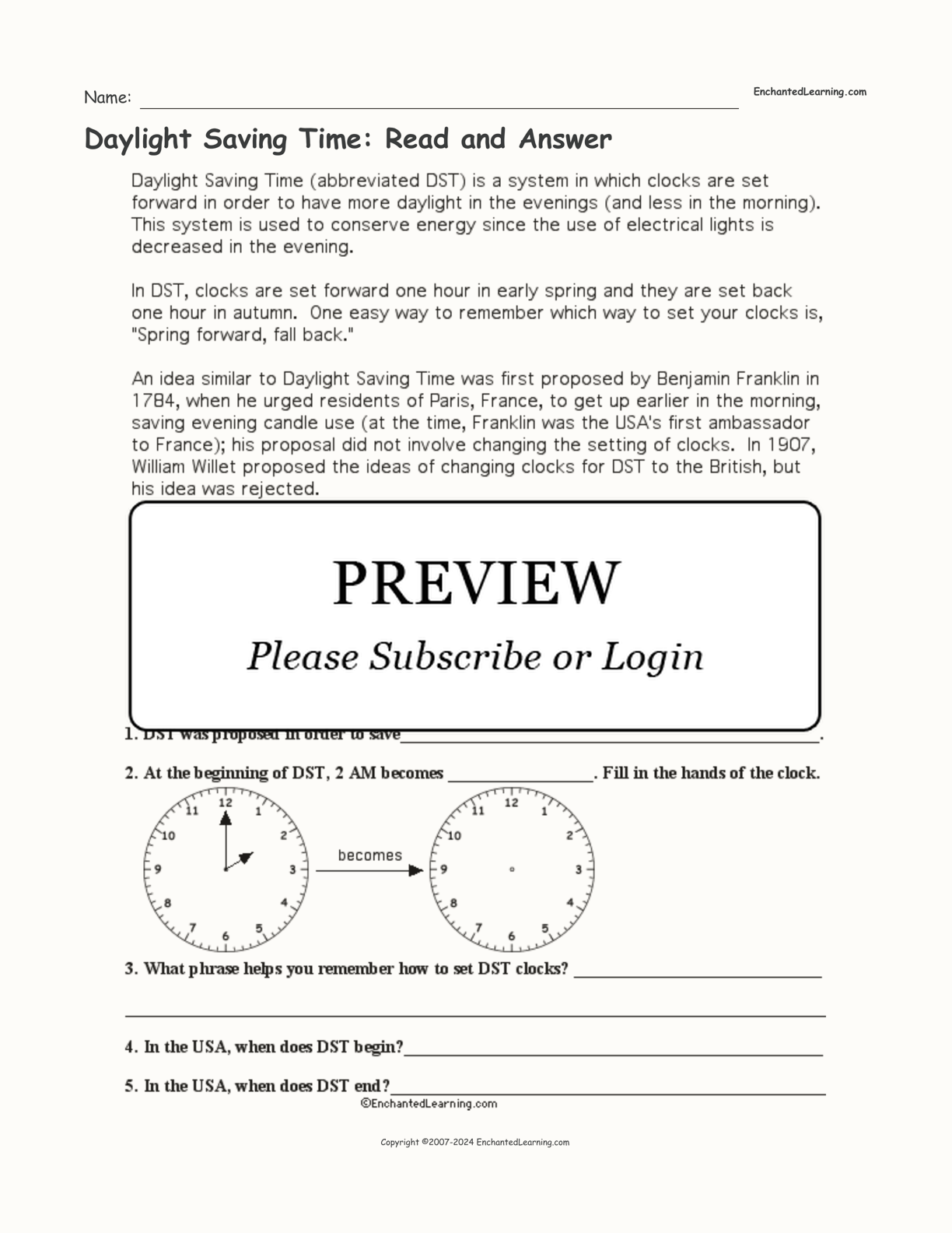 Daylight Saving Time: Read and Answer interactive worksheet page 1