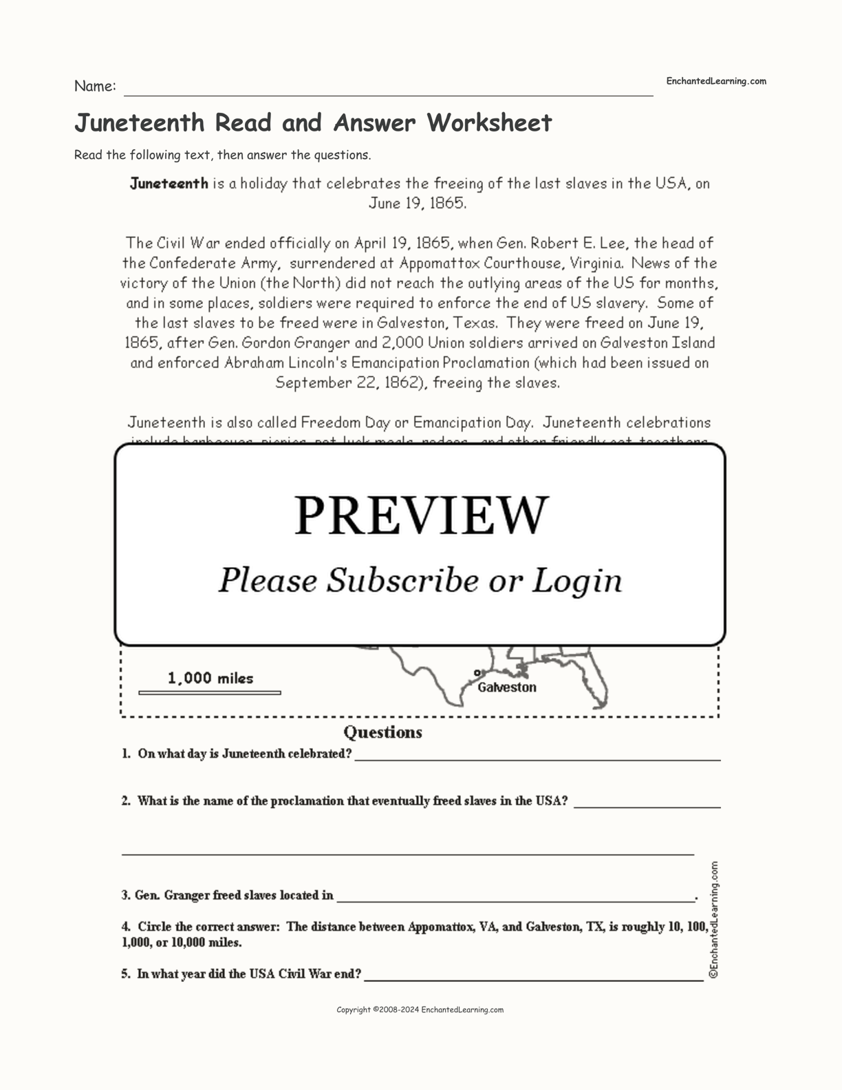 juneteenth read and answer worksheet enchanted learning